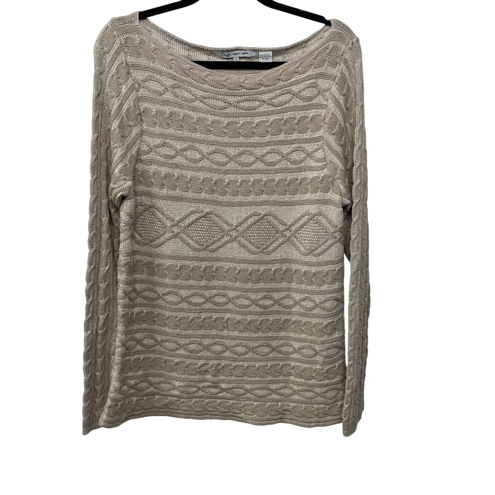 Womens Beige Chunky Cable Knit Boat Neck Sweater 100% Cotton Fisherman Gorp L